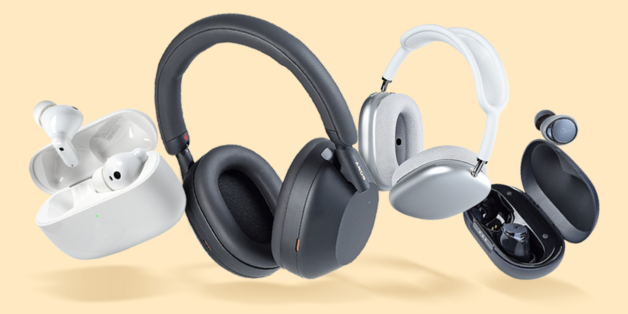 Collection of wireless headphones and earbuds in various styles and colors, displayed against a light beige background.