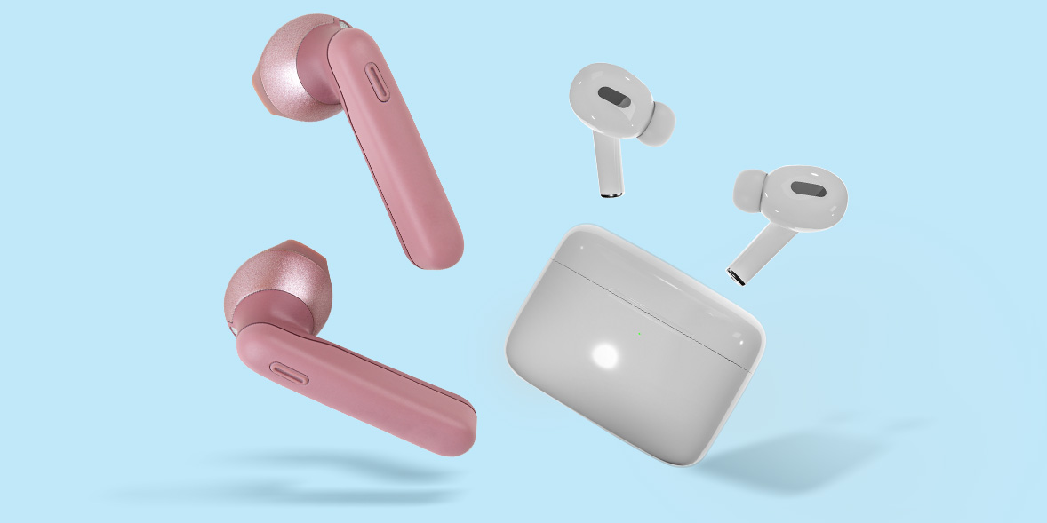 Two pairs of wireless earbuds, one pink and one white, with a white charging case on a light blue background.