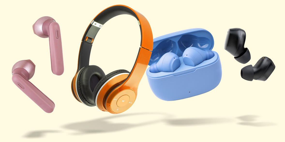 Five different styles of wireless headphones and earbuds arranged dynamically against a soft yellow background.
