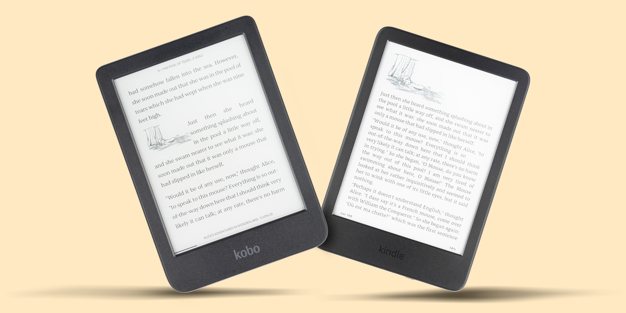 Two e-readers, one labeled "Kobo" and the other "Kindle"