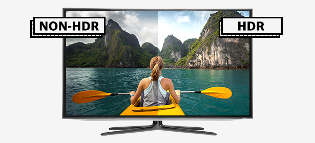 One half of TV image (woman in canoe with mountains) labeled 'non-HDR' is dimmer and less vibrant. Other side, labeled 'HDR' is brighter with vibrant colours