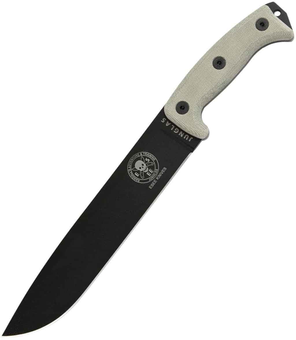 ESEE Knives: ESEE-JUNGLAS, Black Plain Edge Fixed Blade w/ Green Canvas Micarta Handle